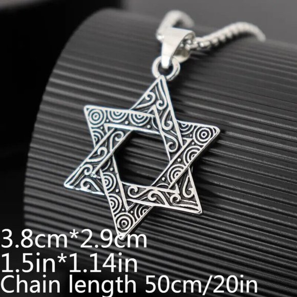 Vintage style Engraved Six Point Star of David Hexagon Pendant Necklace Jewelry - Picture 5 of 5